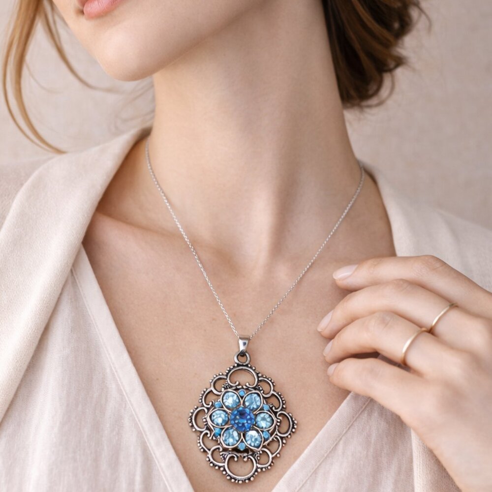 Silver Filigree Snap Button Necklace with Blue & Green Rhinestone Flower Snaps